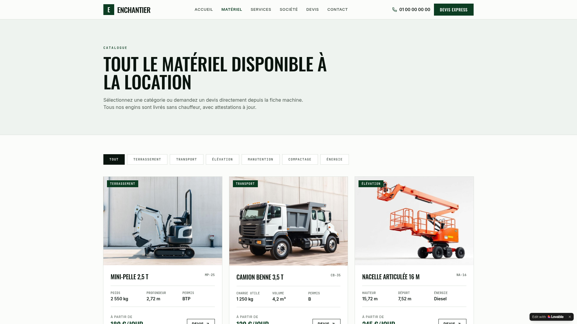 Catalogue de matériel de chantier — enchantier.vegia.fr