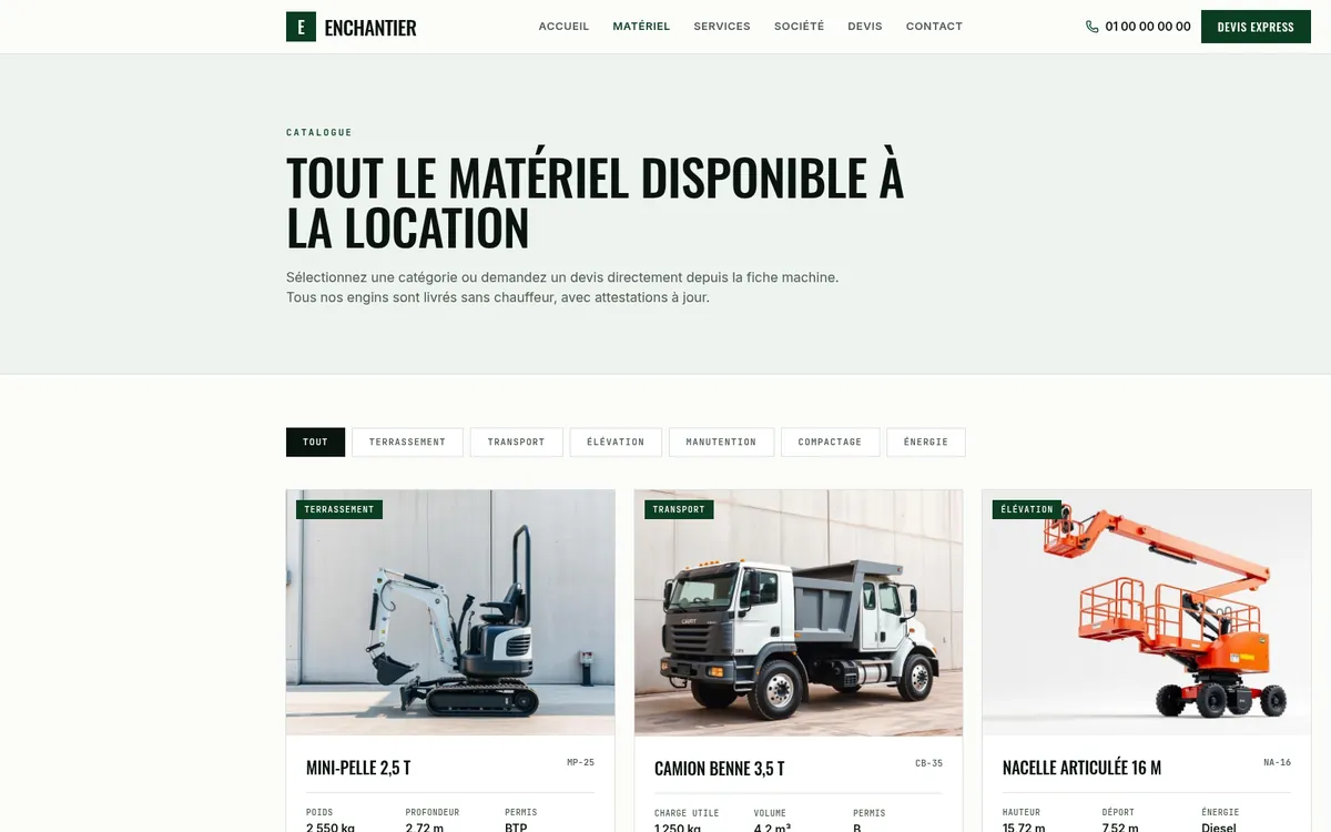 Site Enchantier : catalogue de matériel de chantier à la location